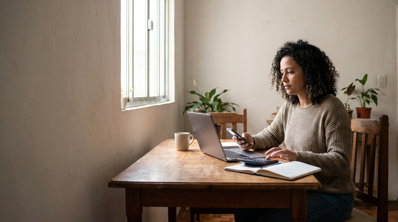 Pessoa compara opções de empréstimo no notebook e no celular, com caderno e calculadora sobre a mesa.