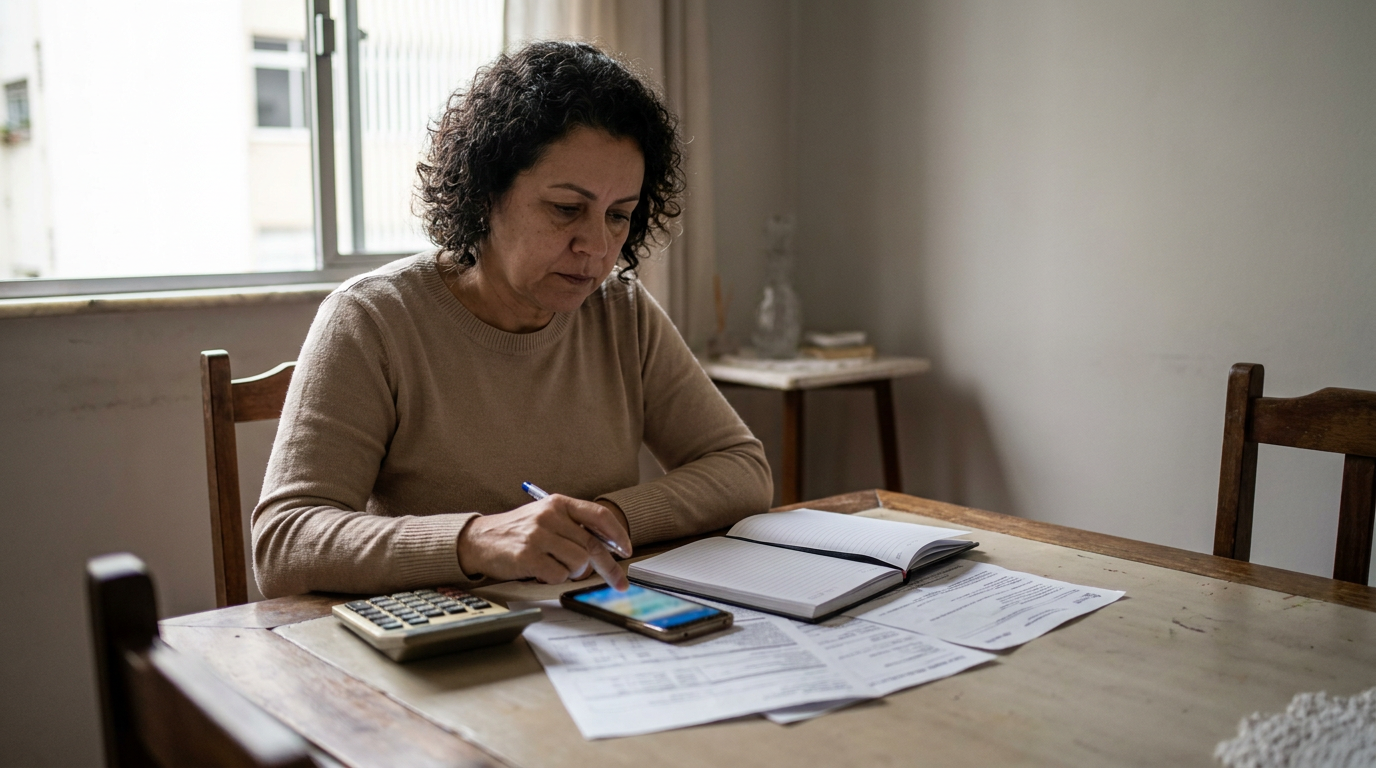 Pessoa compara documentos de empréstimo pessoal com calculadora e celular sobre uma mesa em casa.