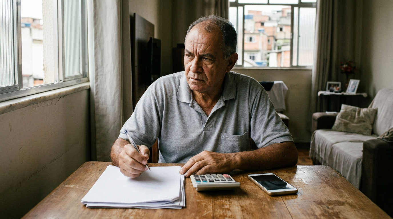 Pessoa revisando o orçamento doméstico com calculadora, documentos e celular antes de comparar crédito.
